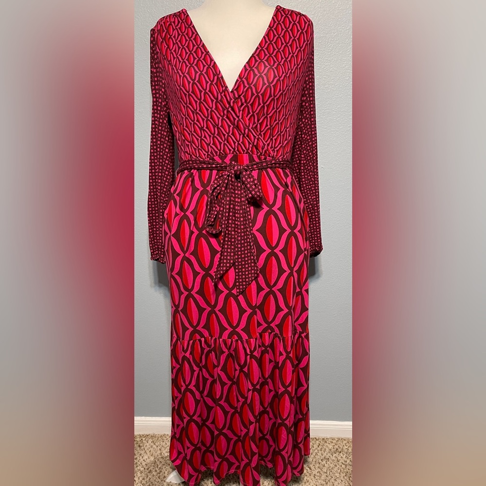 Boden Pink Geometric Wrap Maxi Dress Long Sleeve Tie Waist Retro Mod Preppy 8 - Picture 2 of 8